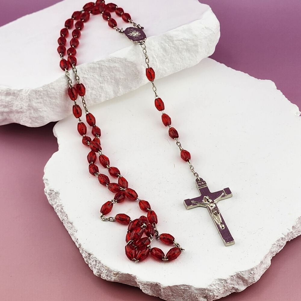 Catholic Rosary Red Faceted Beads Purple Enamel Crucifix INRI Prayer Devotional